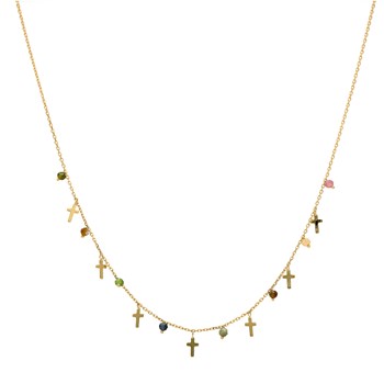 Zilveren ketting Gouden kruis en multitourmalijn kralen