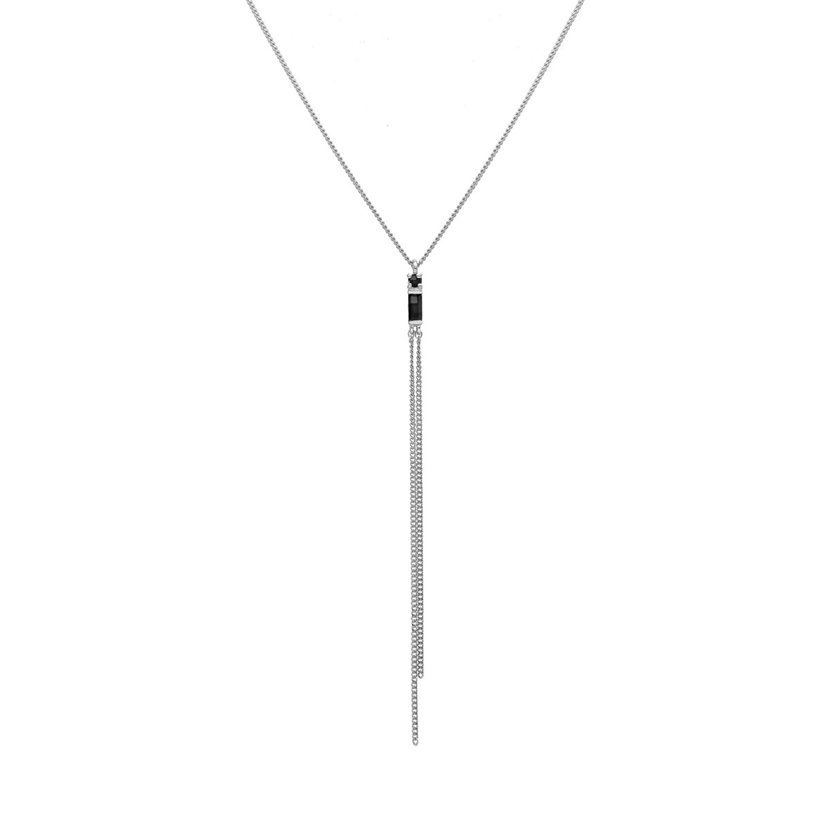 Collier Cravate Argent Rhodié Doubles Chaînes Pierre Spinelle Noire