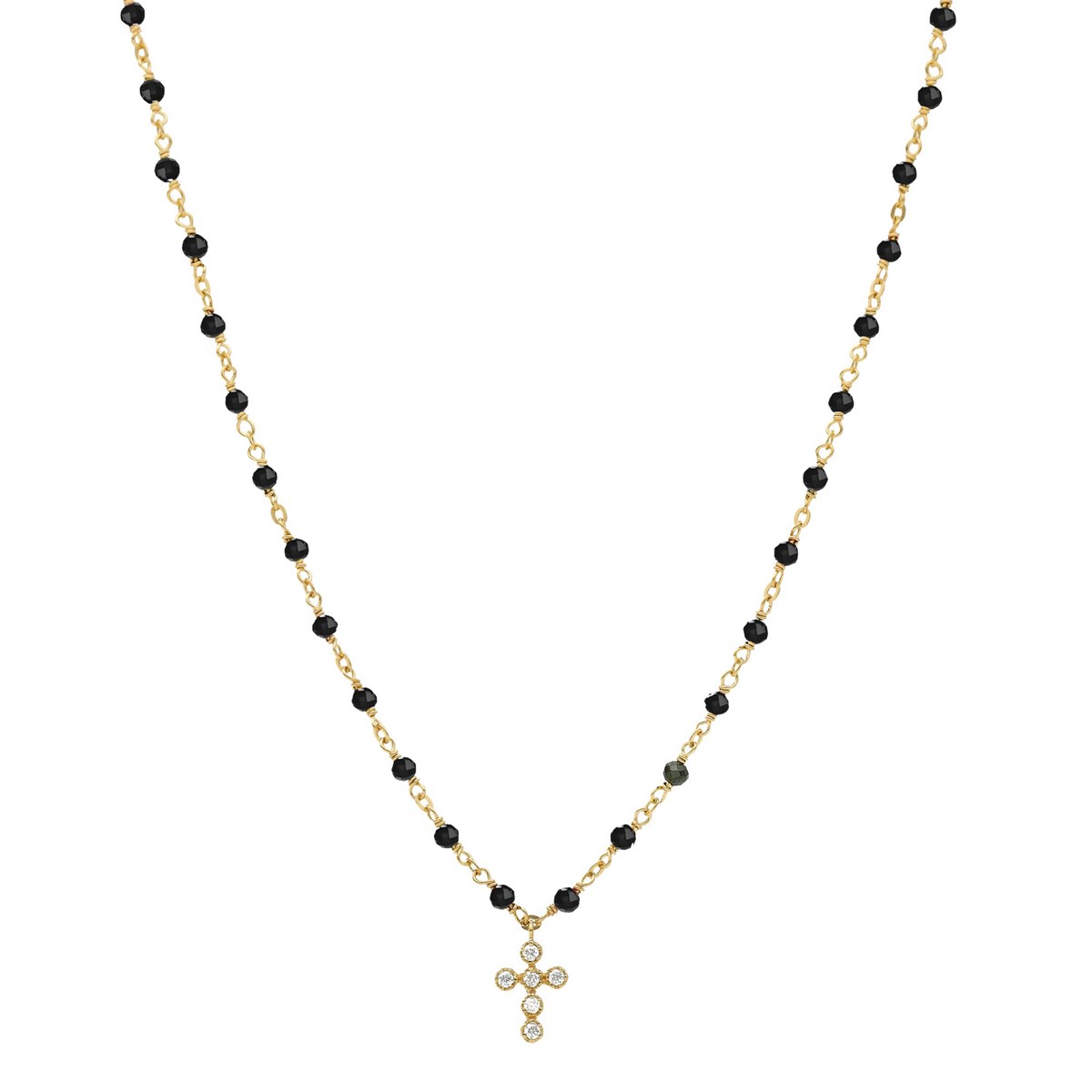 Collier Argent Doré Croix En Zirconium Blanc Et Pierres Spinelle Noires