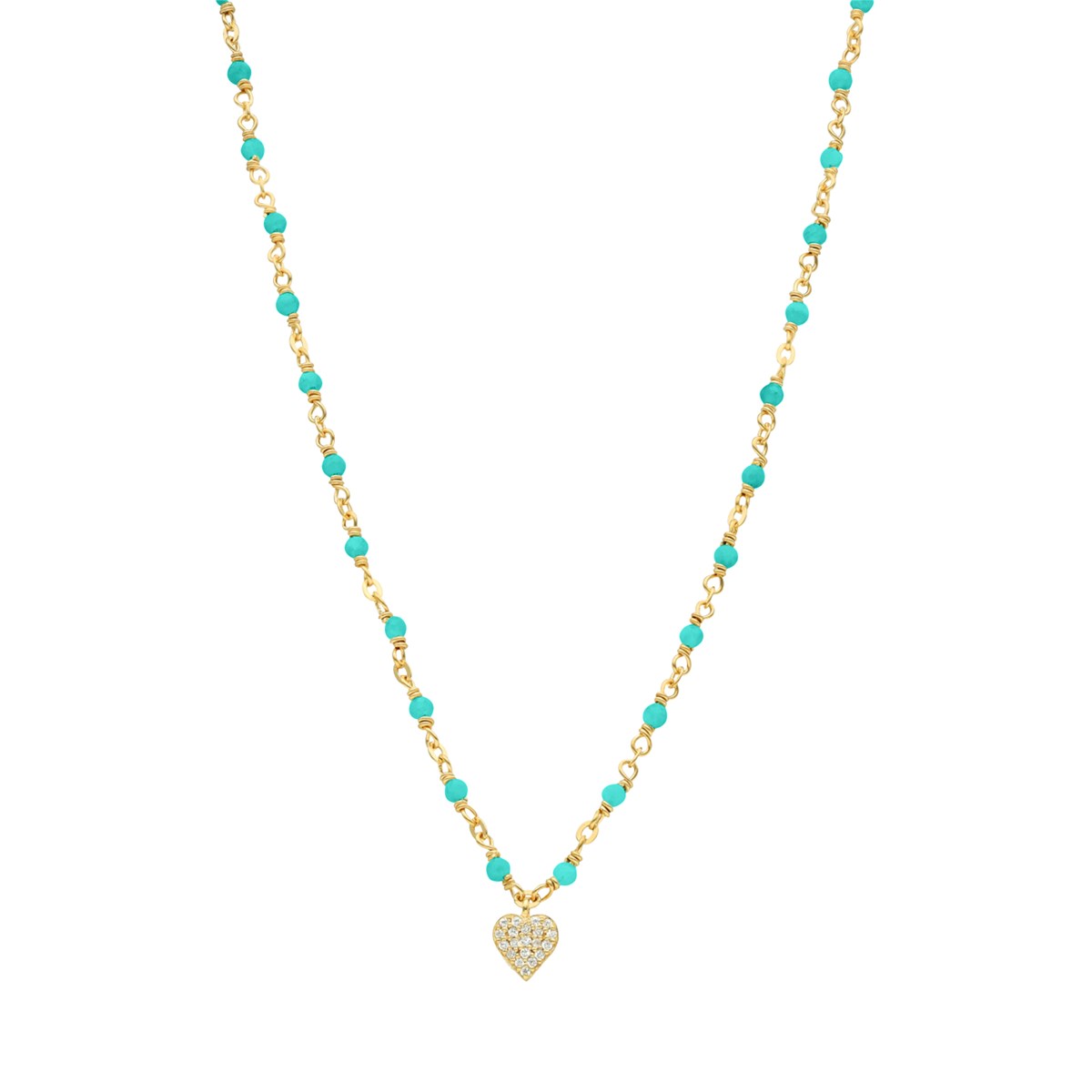 Collier Argent Doré Coeur Serti Blanc Et Pierres Turquoise