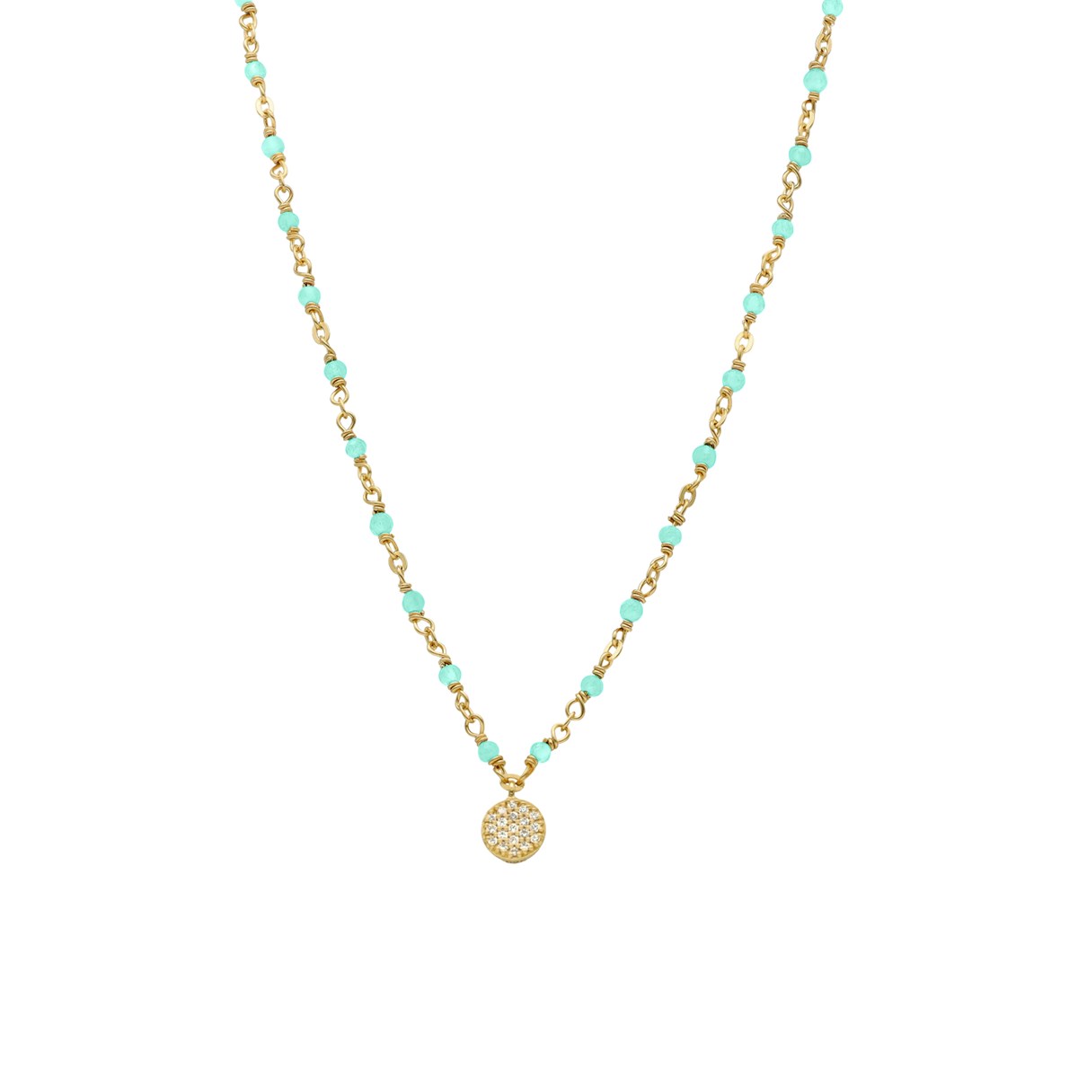 Collier Argent Doré Médaillon Serti Blanc Et Pierres Amazonite