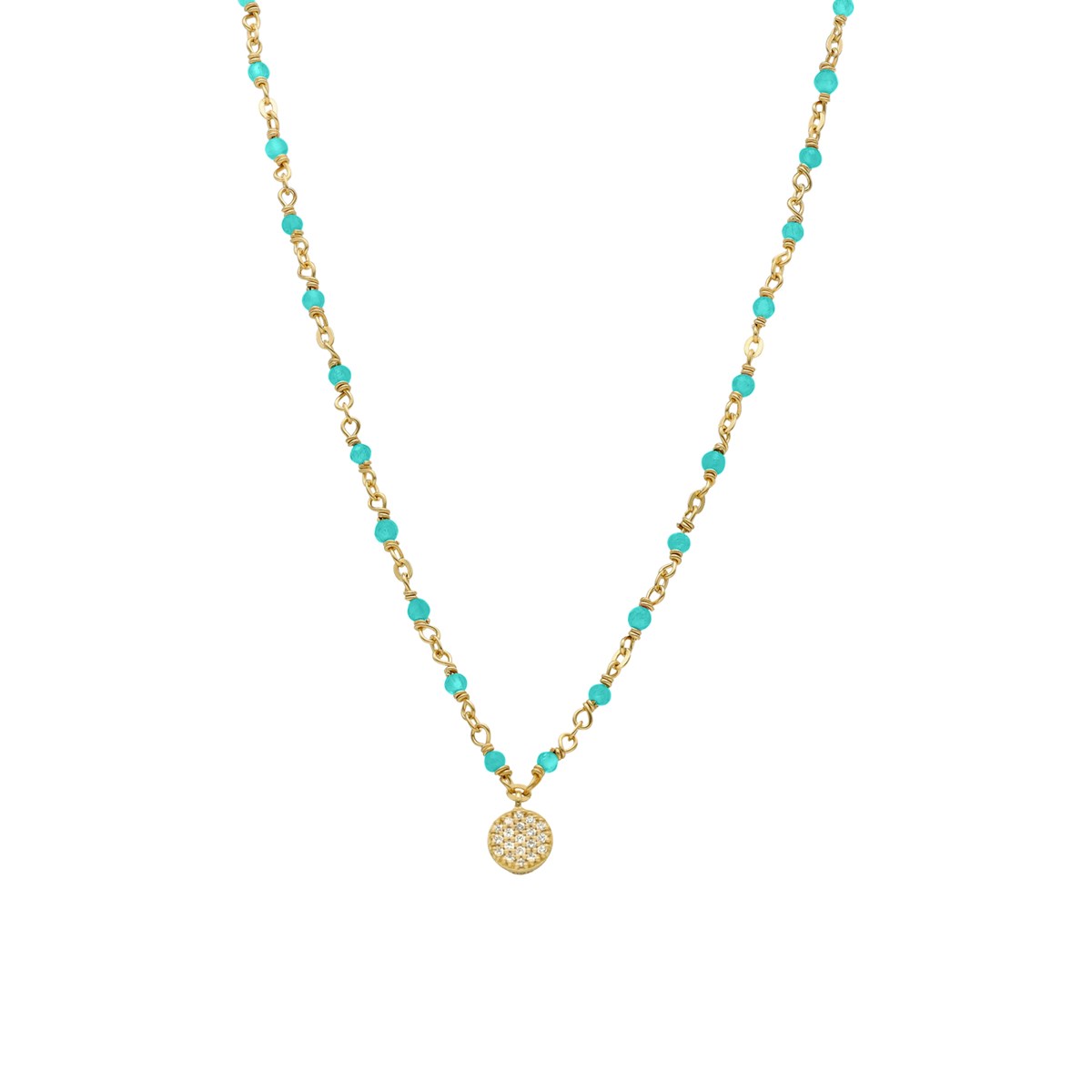 Collier Argent Doré Médaillon Serti Blanc Et Pierres Turquoise