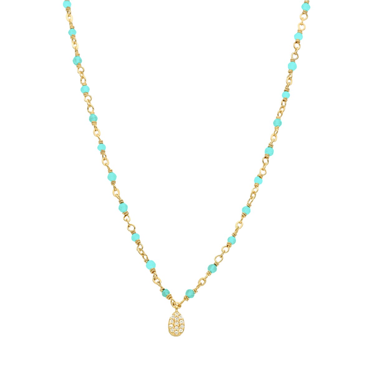 Collier Argent Doré Goutte Serti Blanc Pierres Amazonite