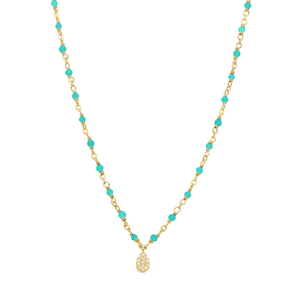 Collier Argent Doré Goutte Serti Blanc Pierres Turquoise