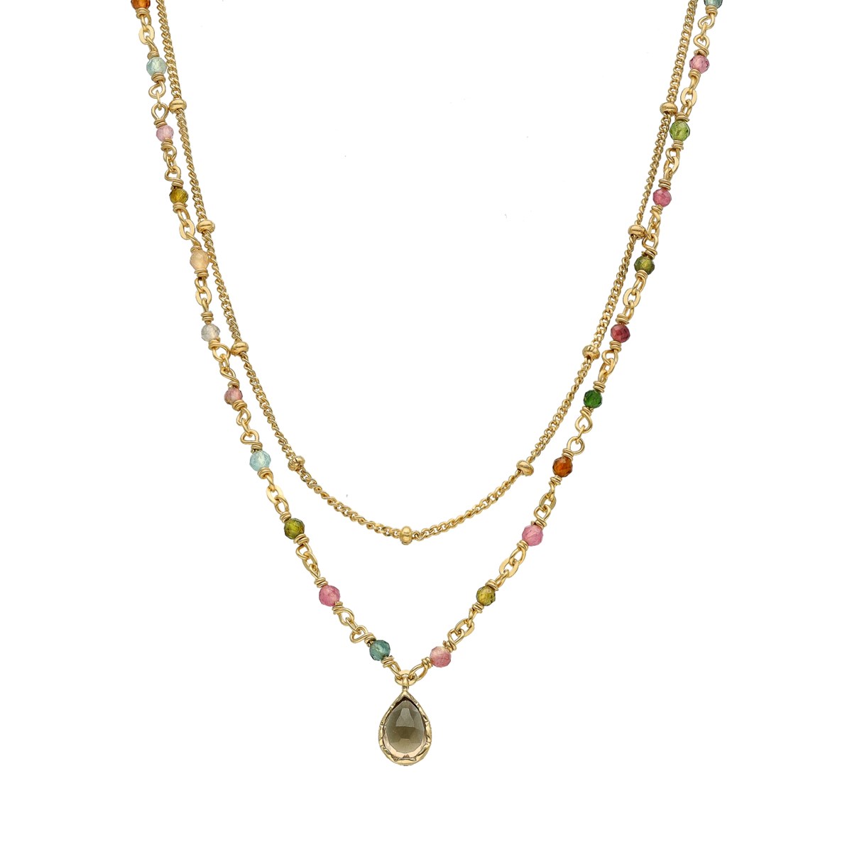 Collier Argent Doré Goutte Doubles Chaînes Pierres Multi-tourmaline