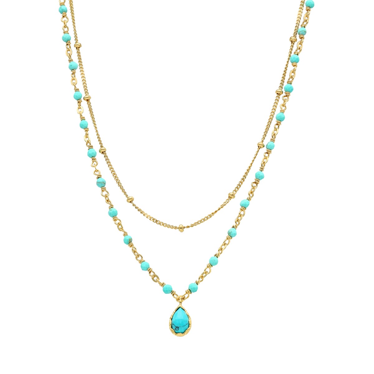 Collier Argent Doré Goutte Doubles Chaînes Pierres Naturelles Turquoise