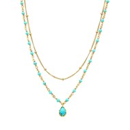 Collier Argent Doré Goutte Doubles Chaînes Pierres Naturelles Turquoise