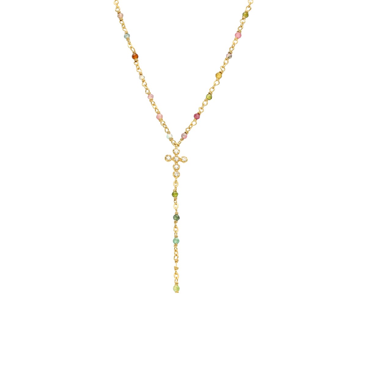 Collier Argent Doré Cravate Croix Et Pierres Tourmaline