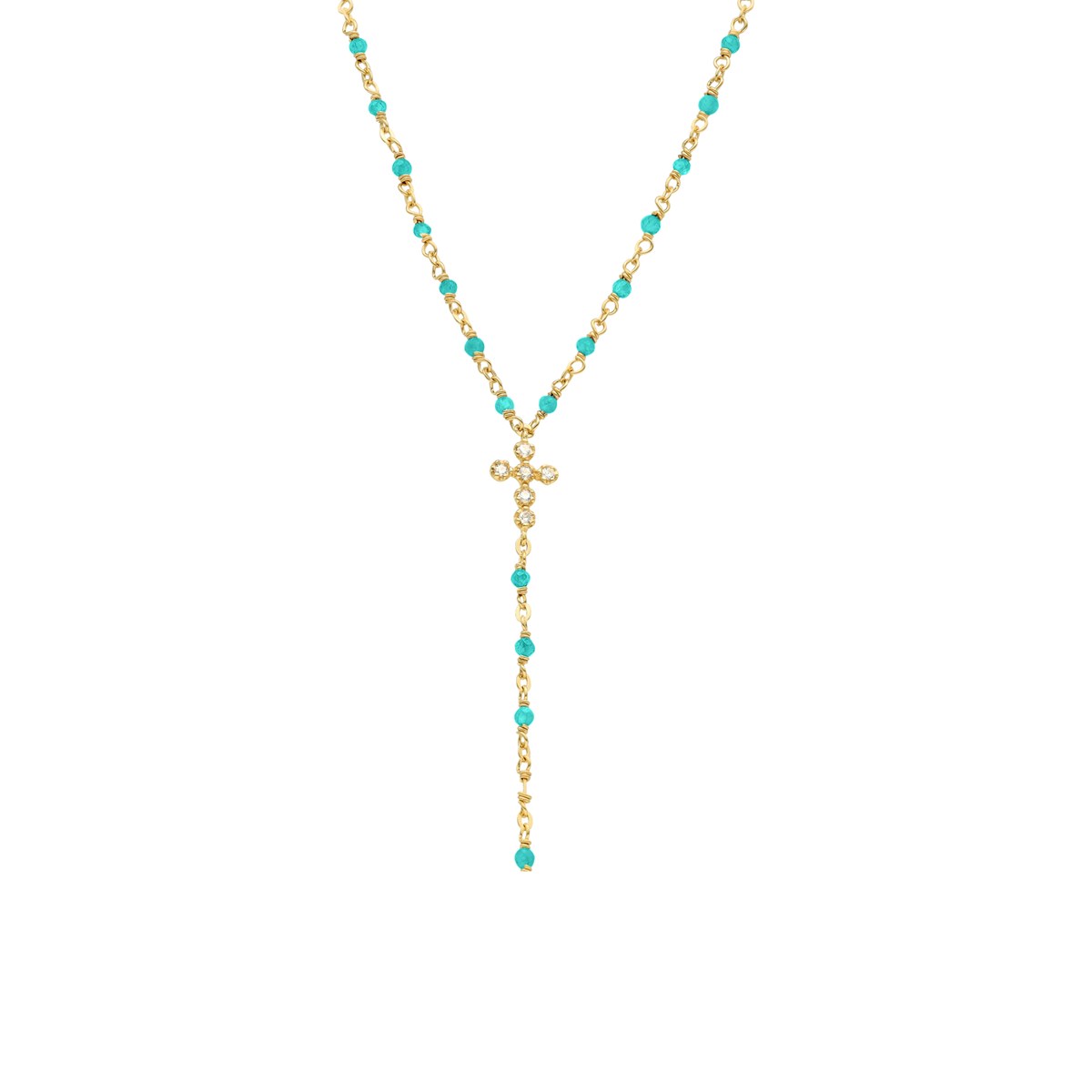 Collier Argent Doré Cravate Croix Et Pierres Turquoise