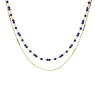 Collier Argent Doré Doubles Chaînes Barrettes Et Perles Naturelles Lapis Lazuli