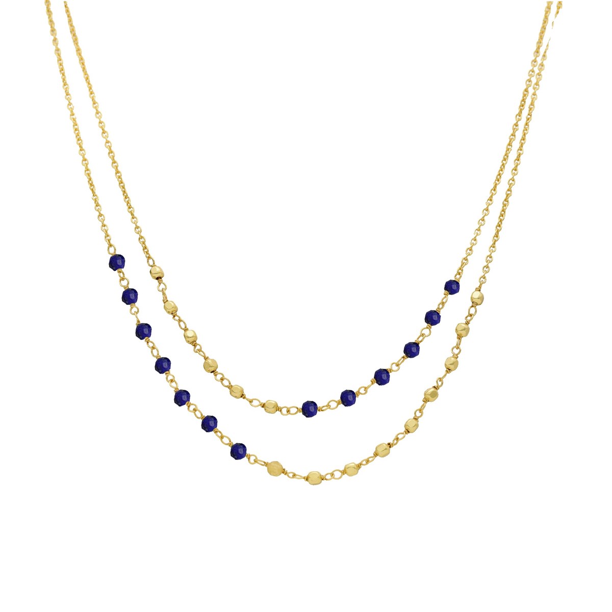 Collier Argent Doré Doubles Chaînes Pierres Naturelles Lapis Lazuli