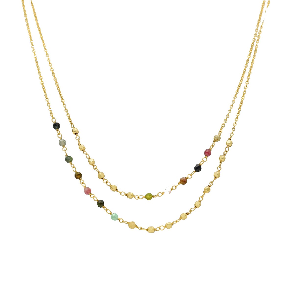 Collier Argent Doré Doubles Chaînes Pierres Multi-tourmaline