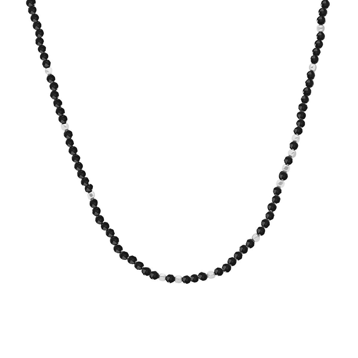 Collier Argent Rhodié Simple Perles Spinelle Noire