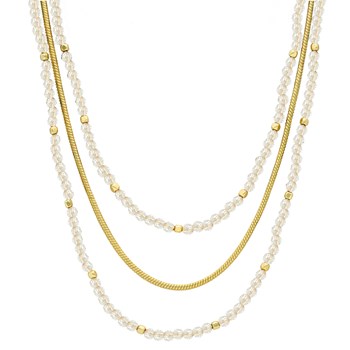 Zilveren ketting met drie gouden kettingen en witte natuurlijke parels