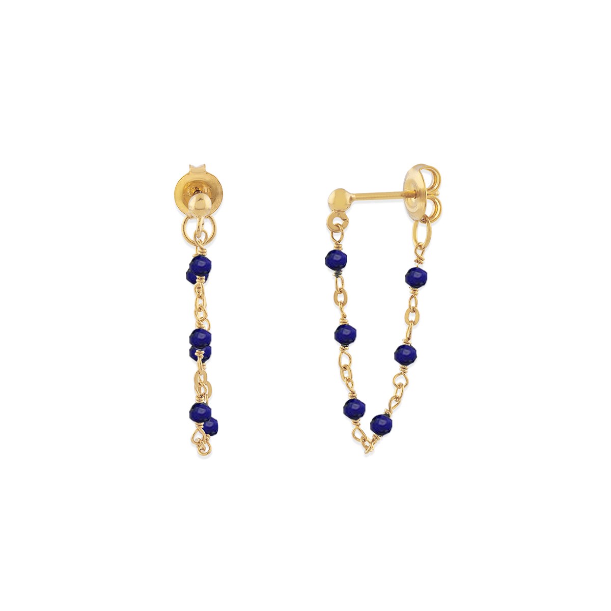 Boucles D'oreilles Argent Dorée Chaine Et Pierres Naturelles Lapis