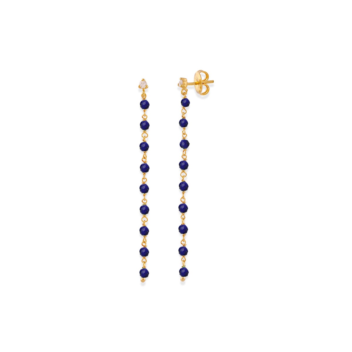 Boucles D'oreilles Argent Dorée Chaine Longue Et Pierres Lapis