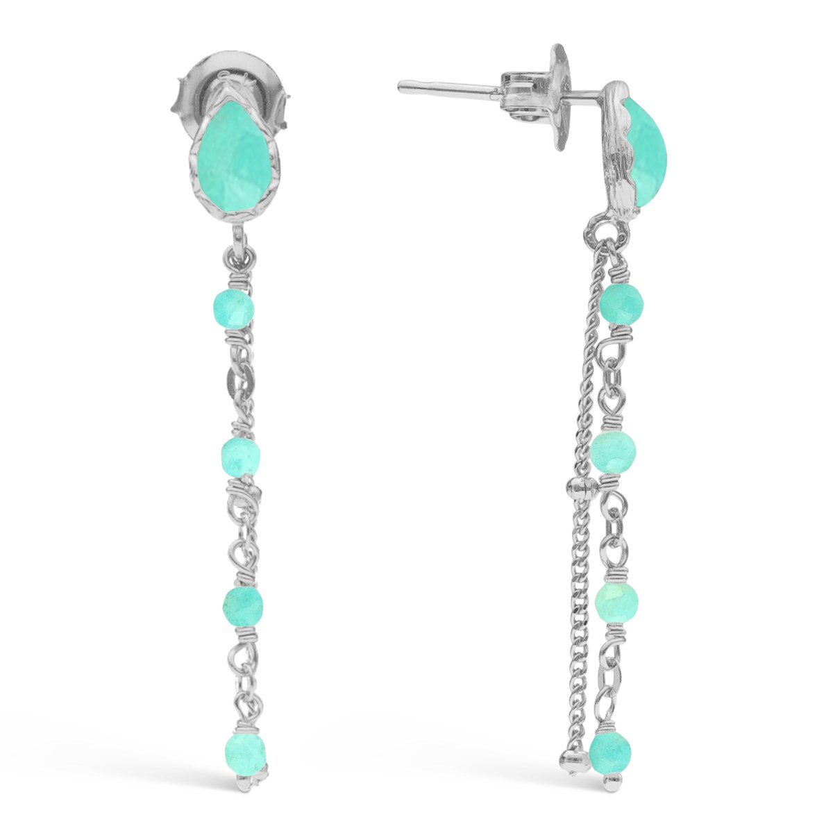 Boucles D'oreilles Argent Rhodié Pendantes Gouttes Amazonite Pierres Amazonite