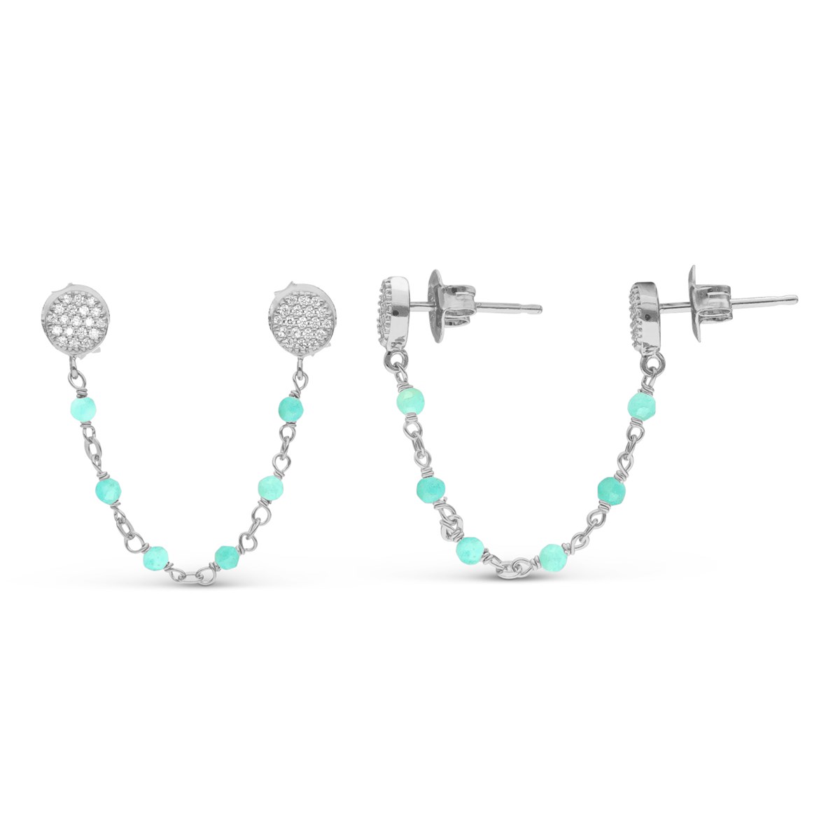 Boucles D'oreilles Argent Rhodié Doubles Reliées Rondes Amazonite