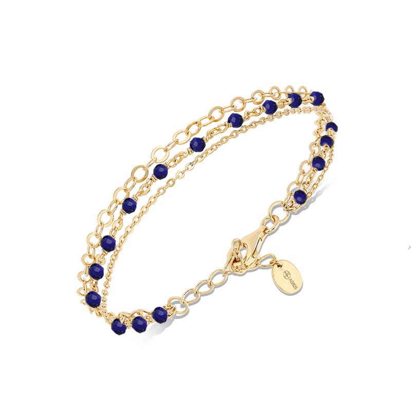 Bracelet Argent Doré Triple Chaine Petite Perles Pierre Lapis