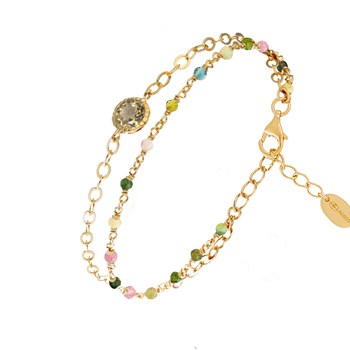 Bracelet En Argent Doré Double Chaine Pierres Naturelles Tourmaline Médaillon Quartz Fumé