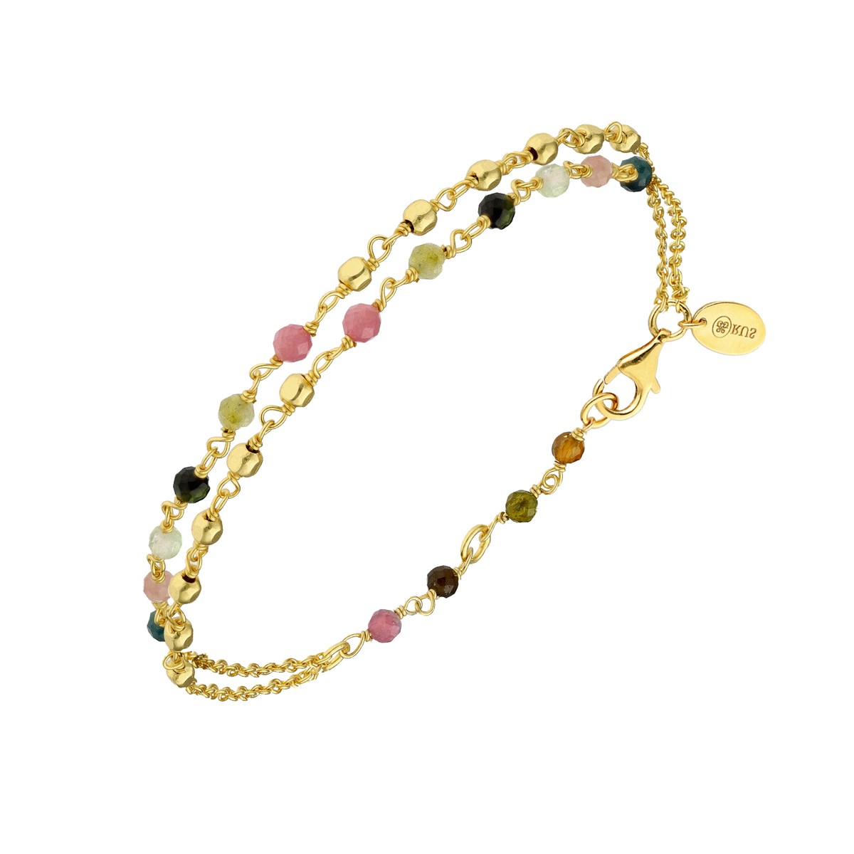 Bracelet Argent Doré Doubles Chaînes Pierres Multi-tourmaline