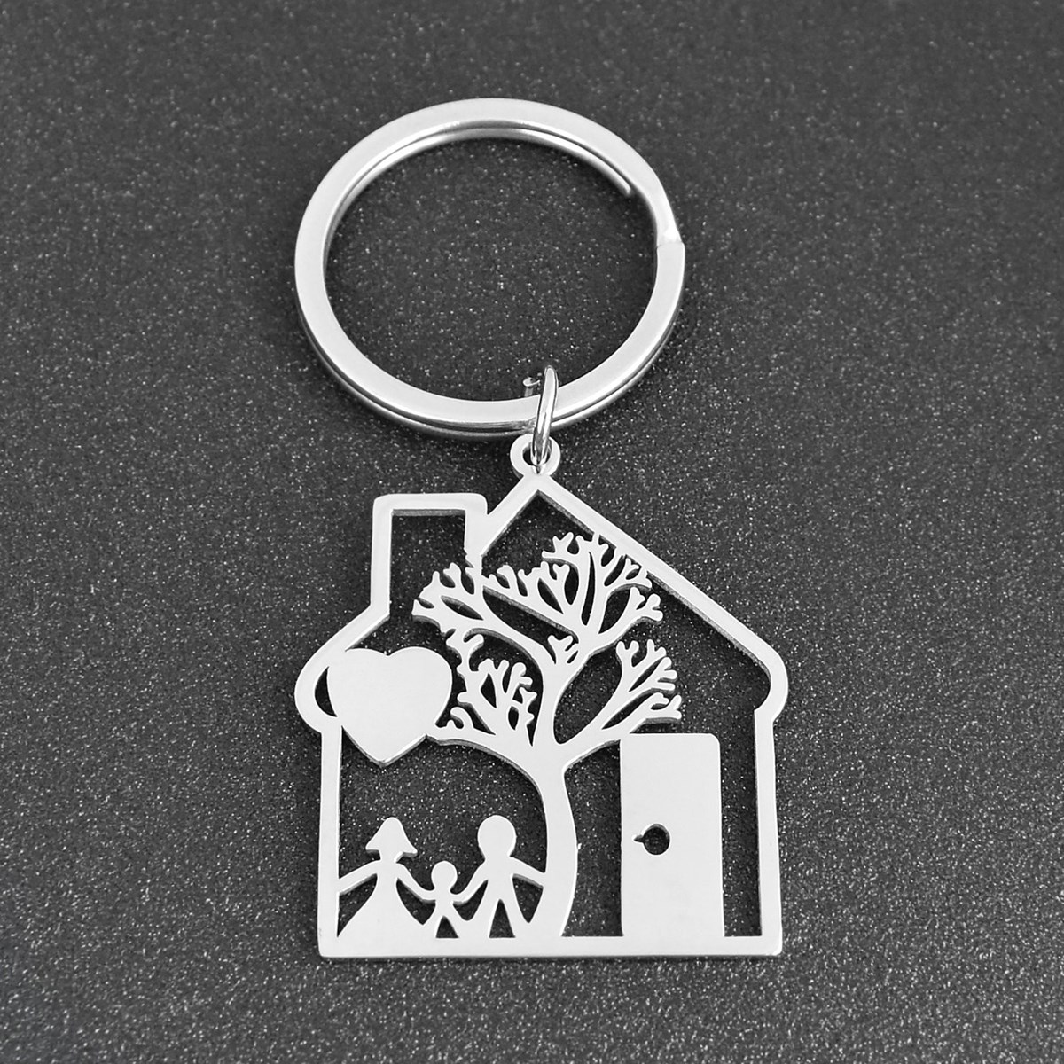 Porte-clés maison arbre coeur et famille ajouré en acier - vue 4