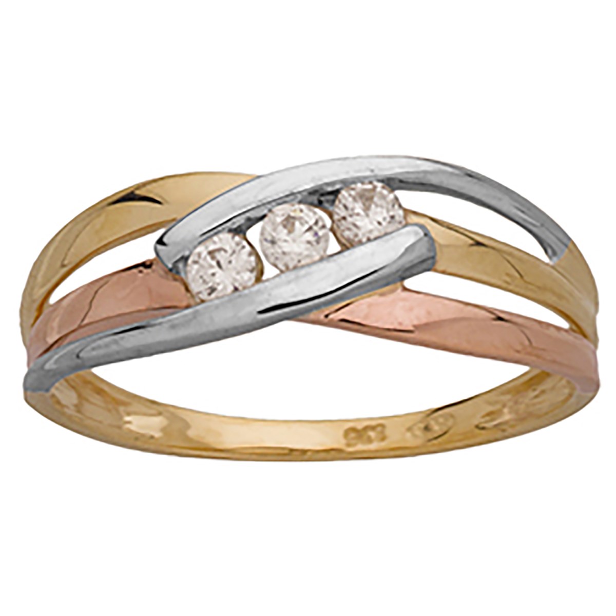 Bague croisée trilogie oxydes or tricolore 9 carats - vue 2
