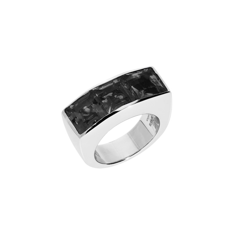 Bague Seth Argent Rhodié Pierre Carré Noir