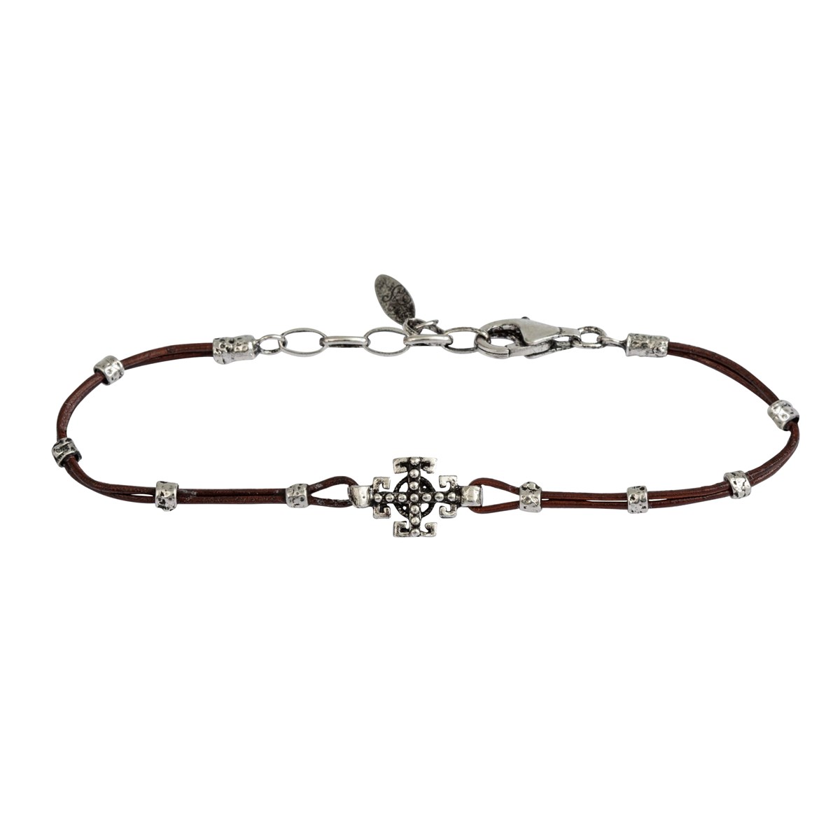 Bracelet Homme Argent Croix Moderne Cordon Cuir Marron