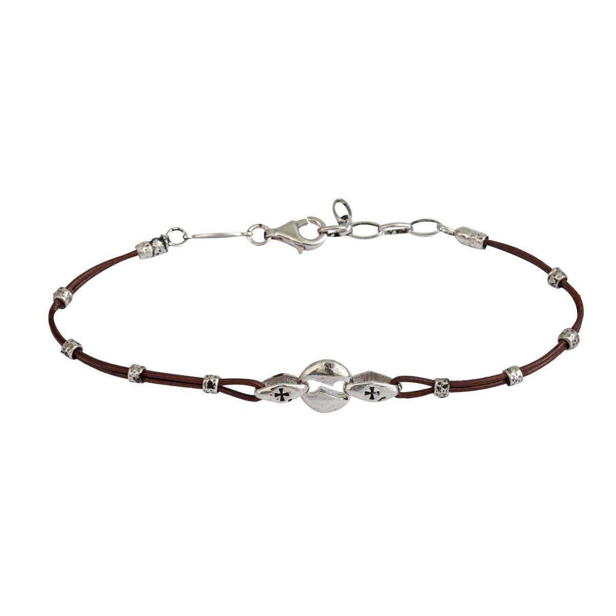 Bracelet Homme Argent Petit Grain De Café Cordon Cuir Marron