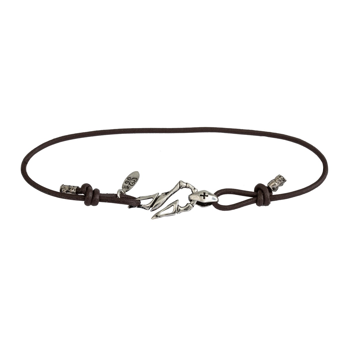 Bracelet Petit Mousqueton En Argent Cordon Marron