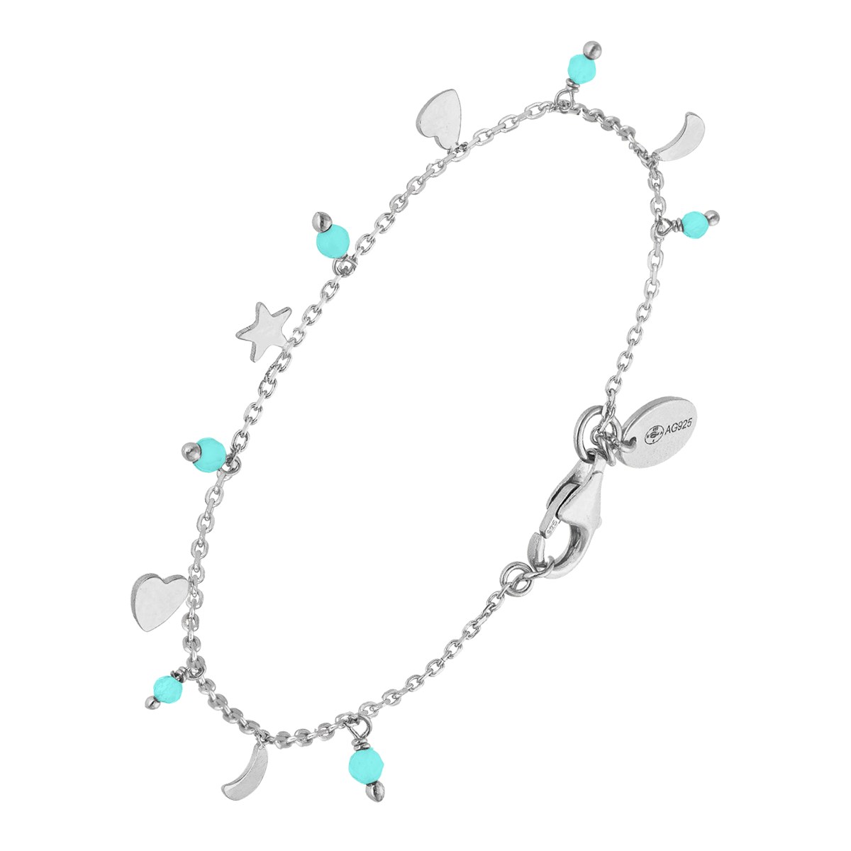 Bracelet Argent Pampilles De Forme Lune Coeur Et Pierre Amazonite