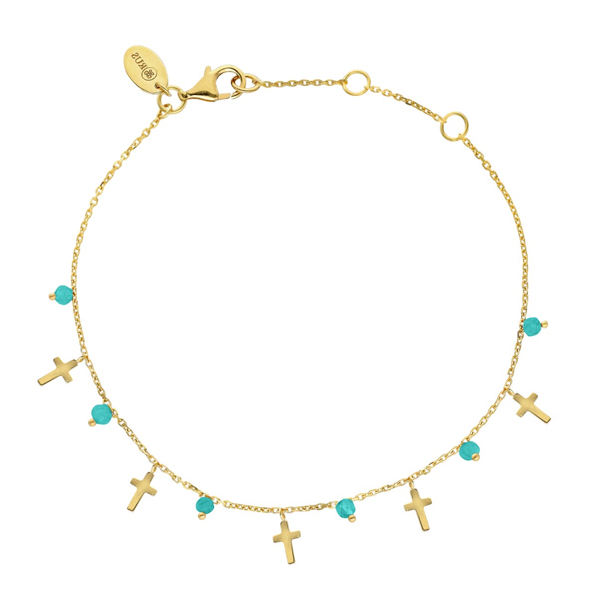 Bracelet Argent Doré Motif Croix Et Pierres Turquoise