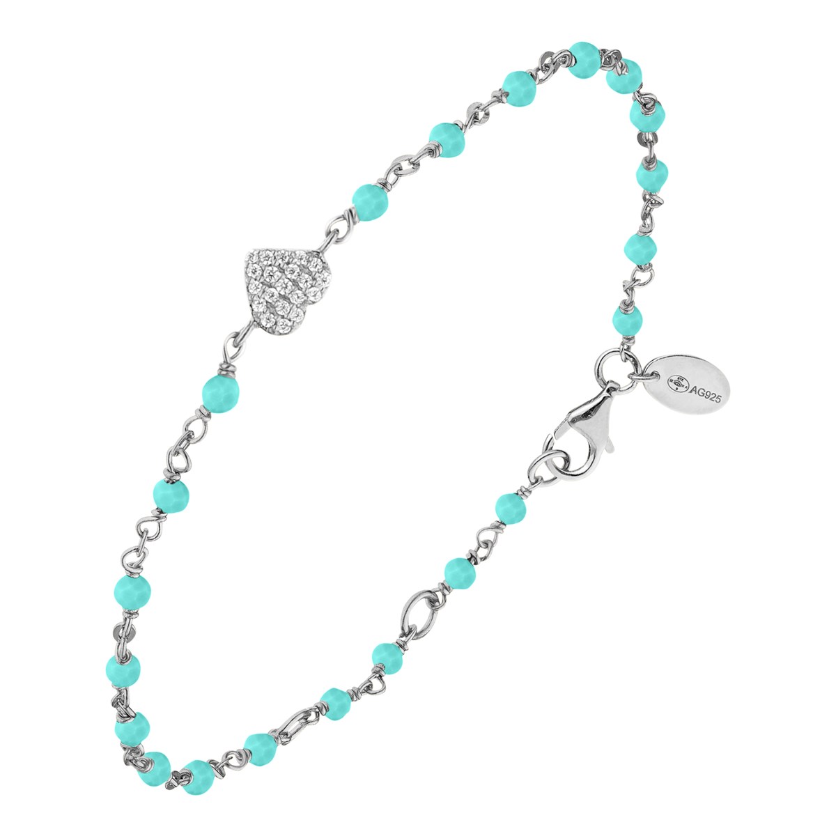 Bracelet Argent Rhodié Coeur Serti Blanc Pierres Amazonite