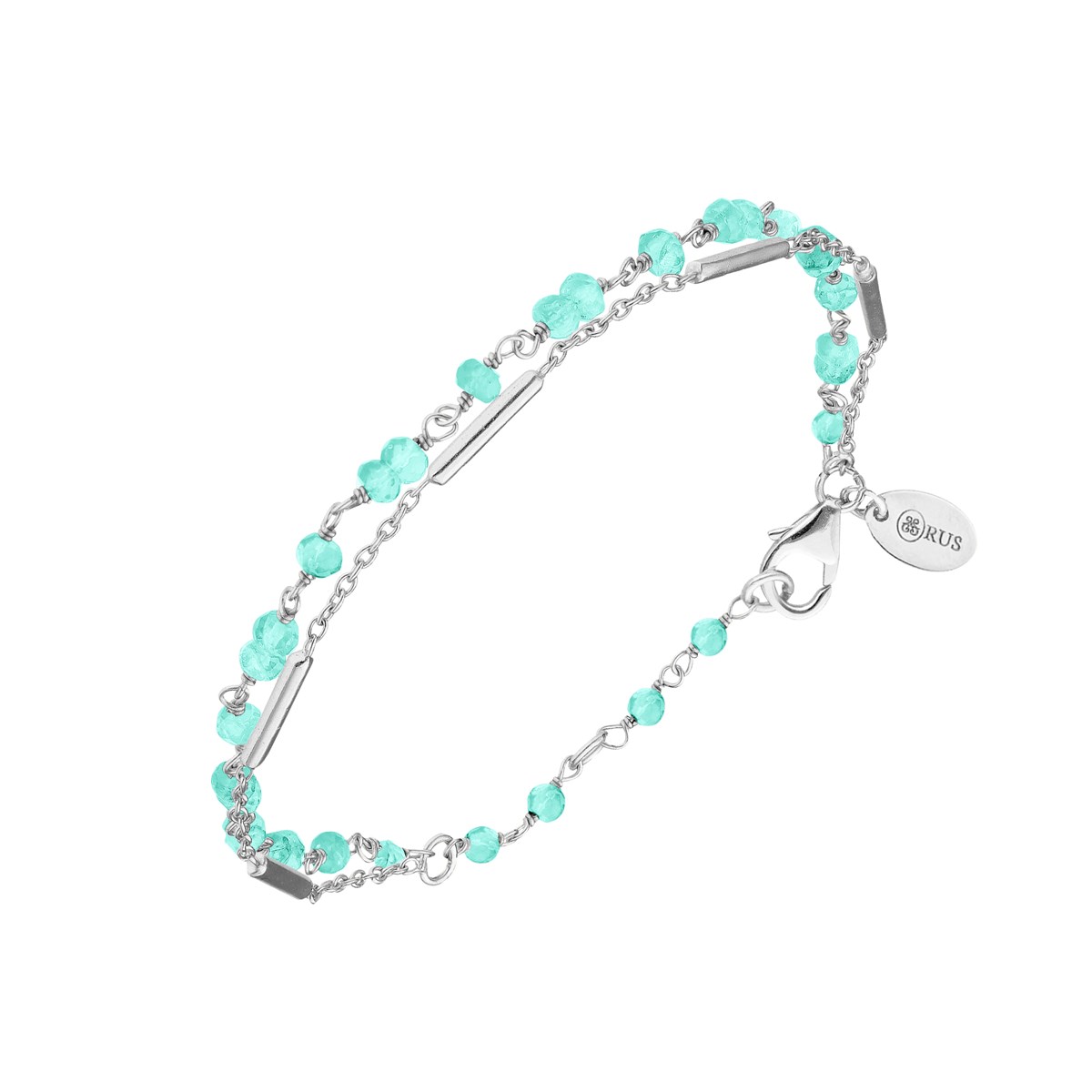 Bracelet Argent Rhodier Doubles Chaines Barrettes Pierres Amazonite