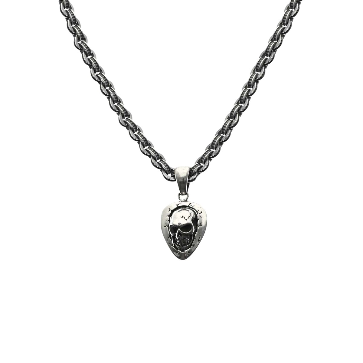 Collier Chaine Argent Pendentif Tête De Mort Et Médiator Pierre Noire55 cmcm