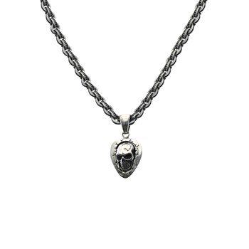 Collier Chaine Argent Massive Big Fantaisie Pendentif Tête De Mort Et Médiator Pierre Noire55 cmcm