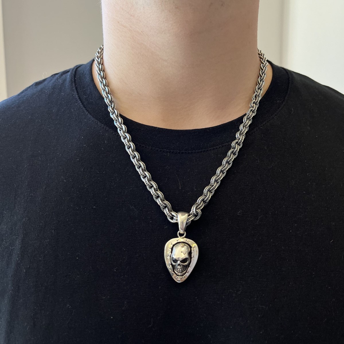 Collier Chaine Argent Massive Big Fantaisie Pendentif Tête De Mort Et Médiator Pierre Noire55 cmcm - vue 2