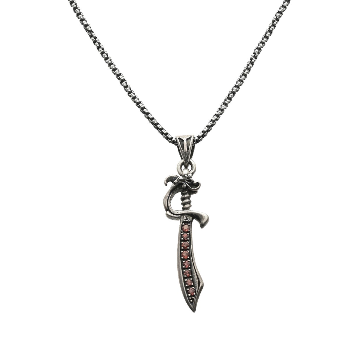 Collier Argent Pendentif Sabre Serti Pierre Grenat