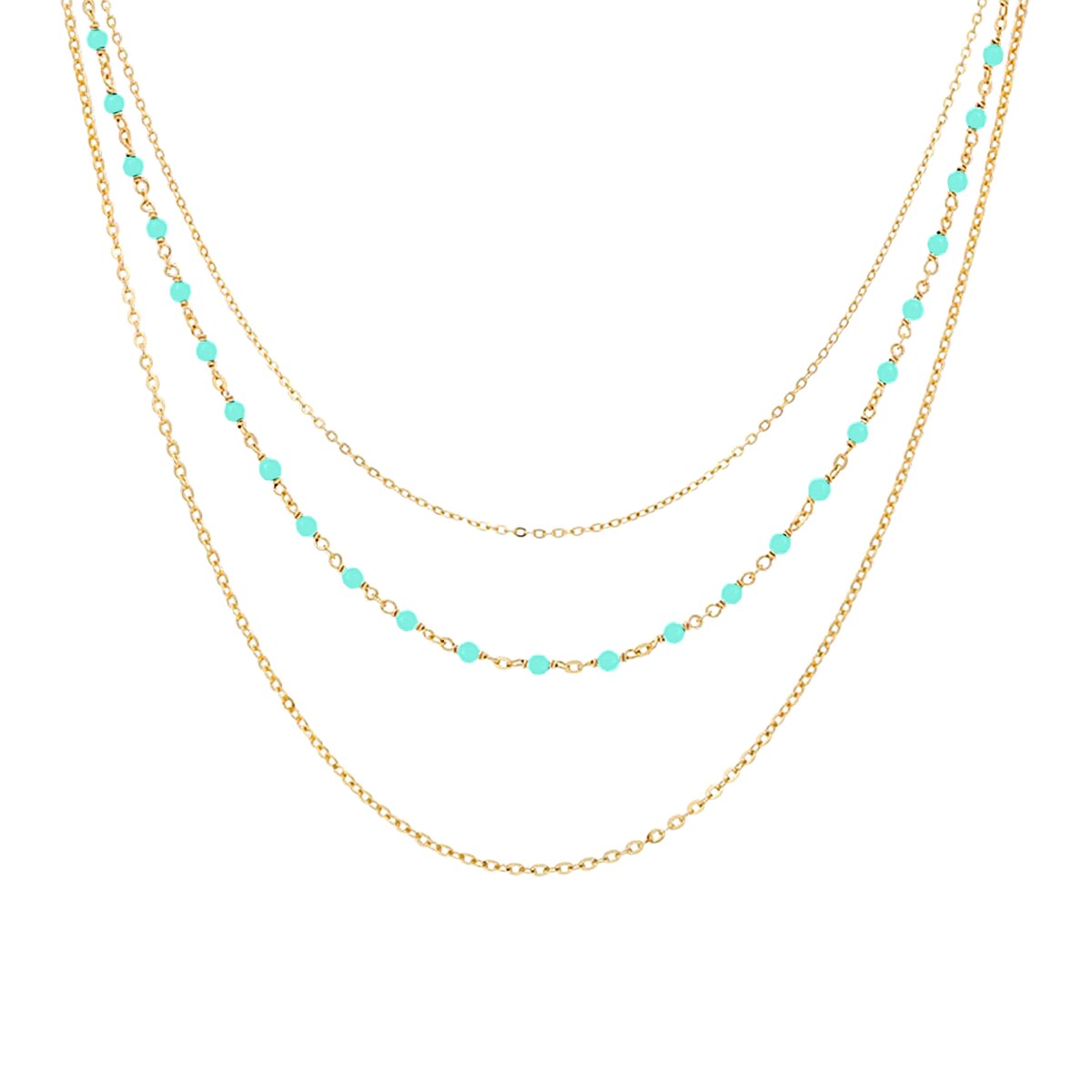 Collier Argent Doré Triple Collier Petite Perles Pierre Amazonite