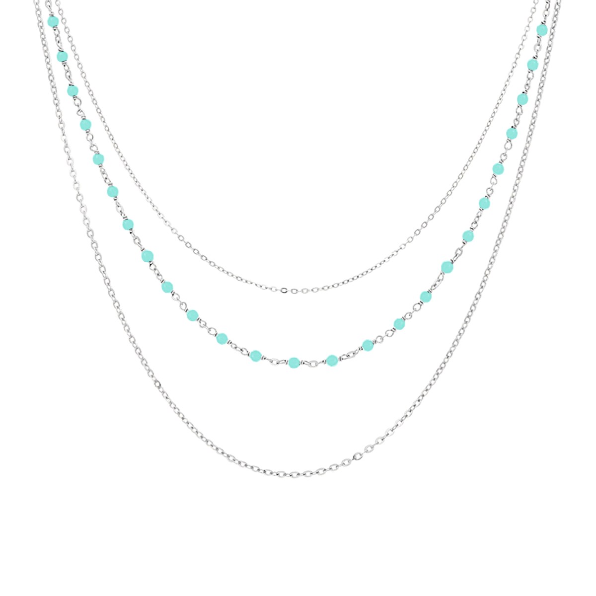 Collier Argent Rhodié Triple Collier Petite Perles Pierre Amazonite