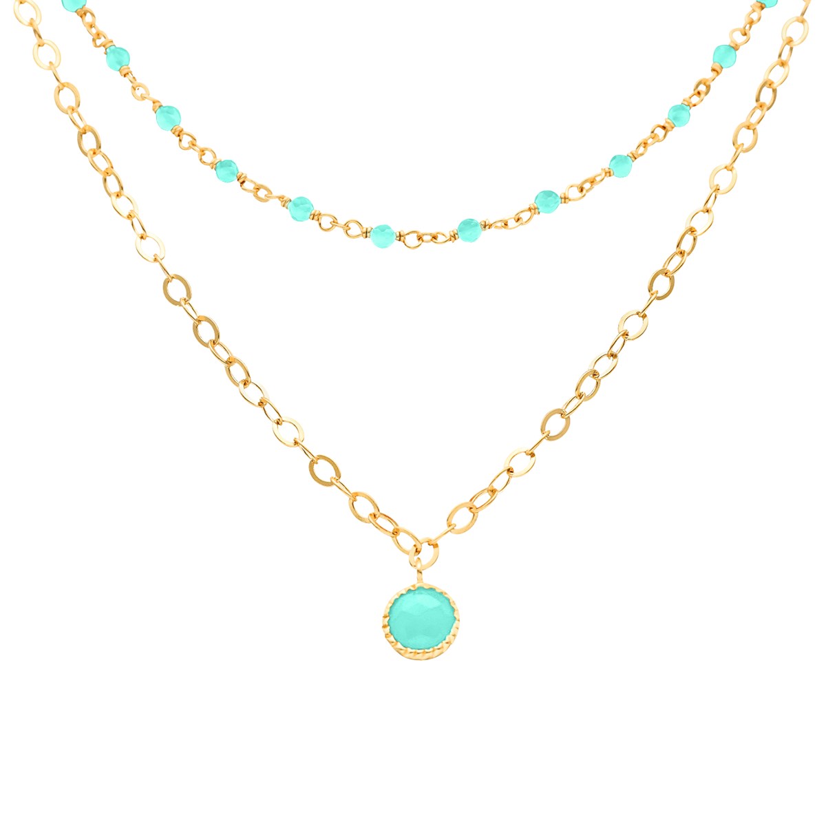 Collier Argent Doré Double Chaine Pampille Et Pierres Amazonite