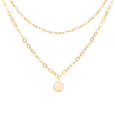 Collier Argent Doré Double Chaine Pampille Et Pierres Opale Rose ORUSBIJOUX  MATY