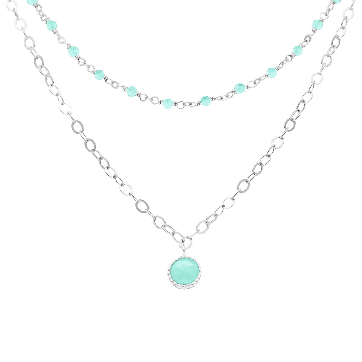 Collier Argent Rhodié Double Chaine Pampille Et Pierres Amazonite