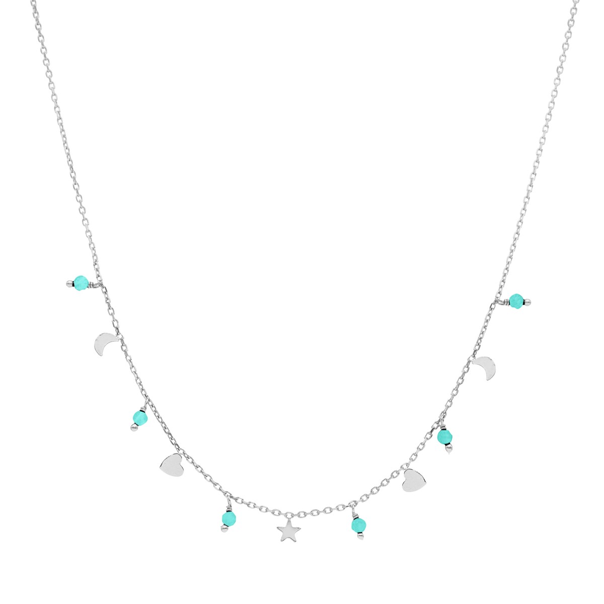 Collier Argent Pampilles De Forme Lune Coeur Et Pierre Amazonite