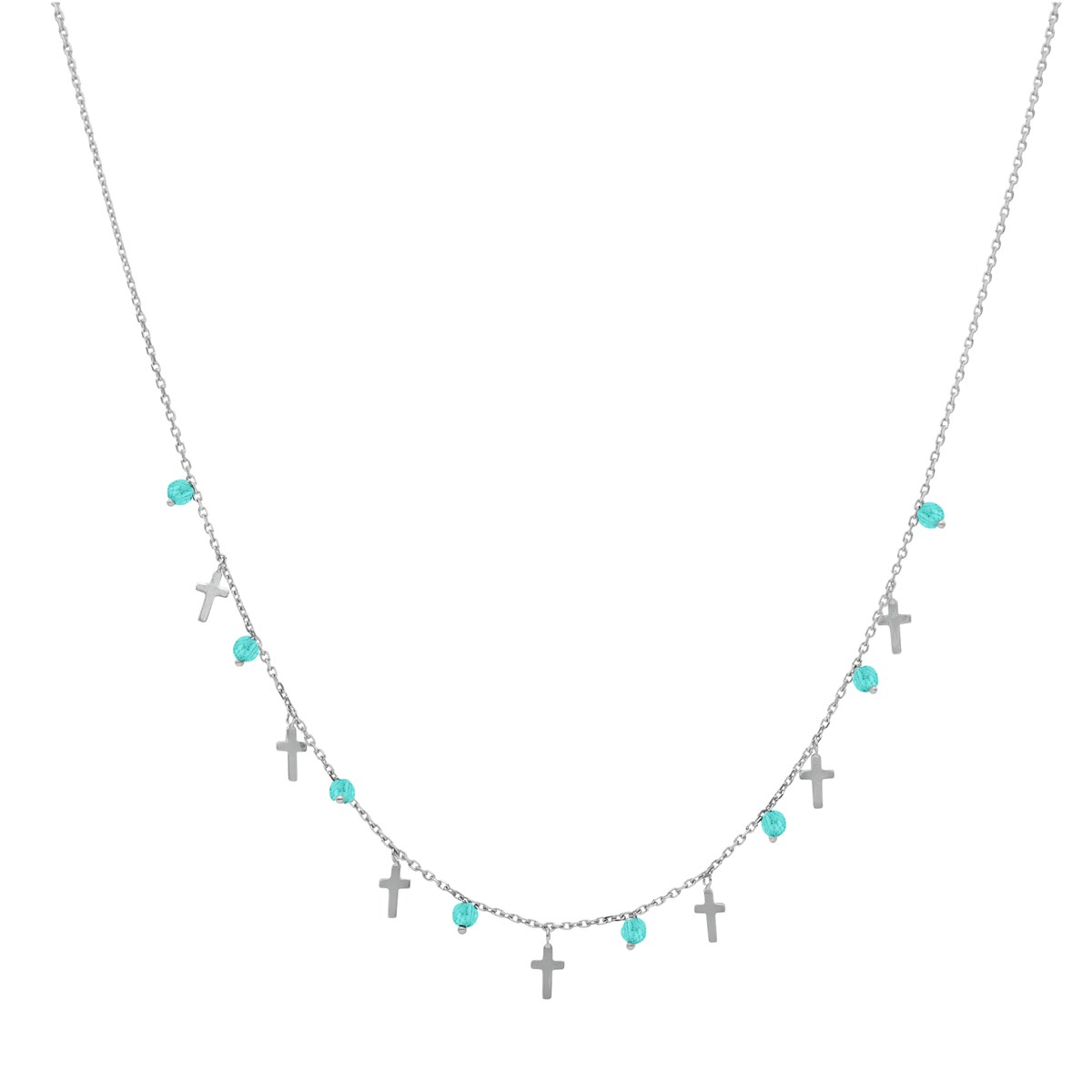 Collier Argent Rhodié Croix Et Pierres Naturelles Amazonite