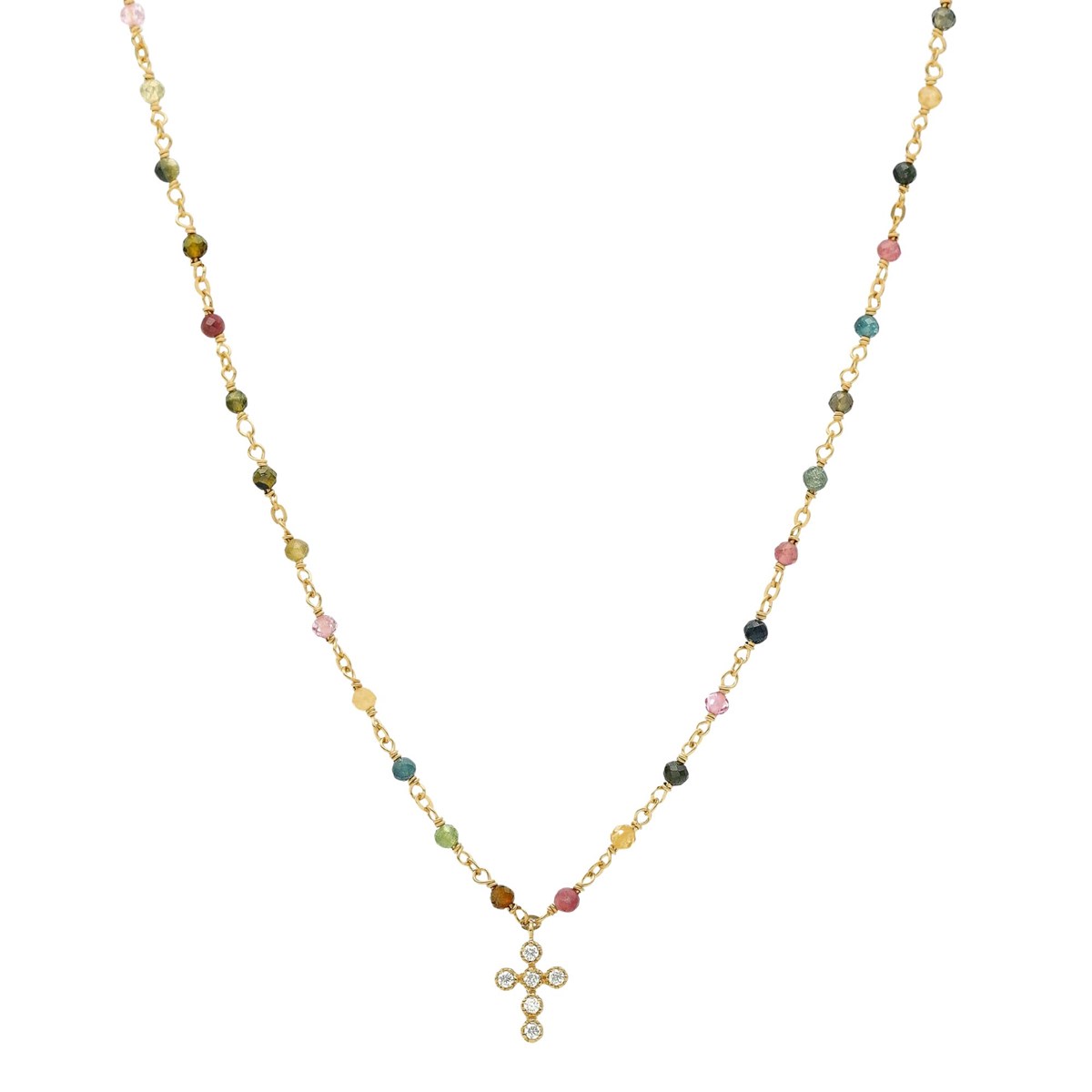 Collier Argent Doré Croix En Zirconium Blanc Et Pierres Multi-tourmaline