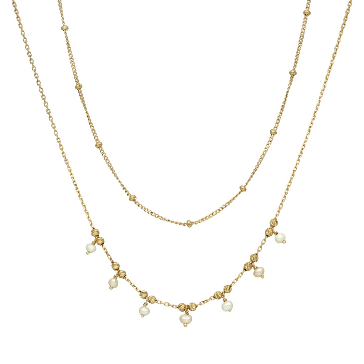 Collier Argent Doré Doubles Chaînes Pampilles Et Perles Blanches