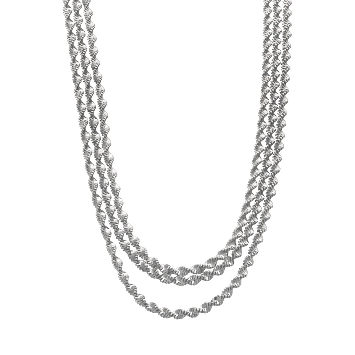 Collier Argent Rhodié Triple Mailles Torsadées Diamantées