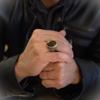 Bague Homme oeil Argent Pierre oeil De Tigre Serti Doré